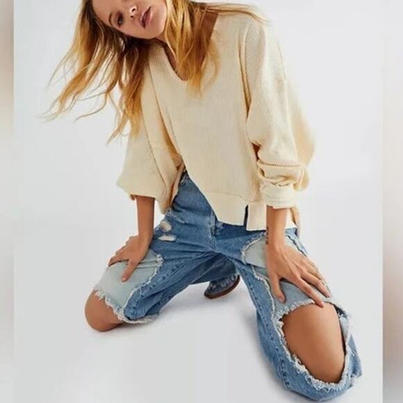 Free People Santa Clara Thermal Pullover Sweater Top in Alabaster Waffle Knit - Picture 5 of 12